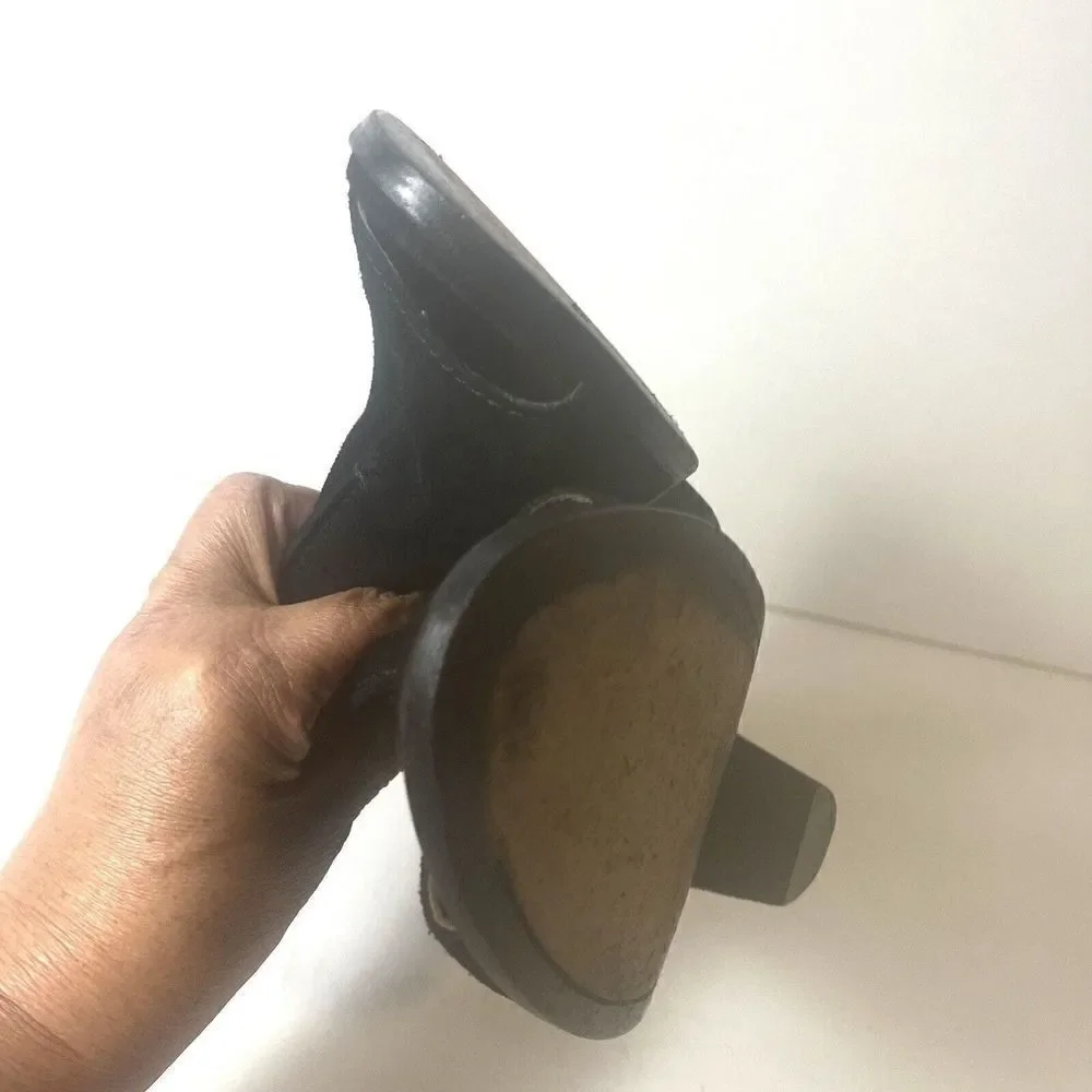 Frye Black Suede Ankle Bootie High Heels Wrap Women's Size 8.5 B Peep Toe Buckle